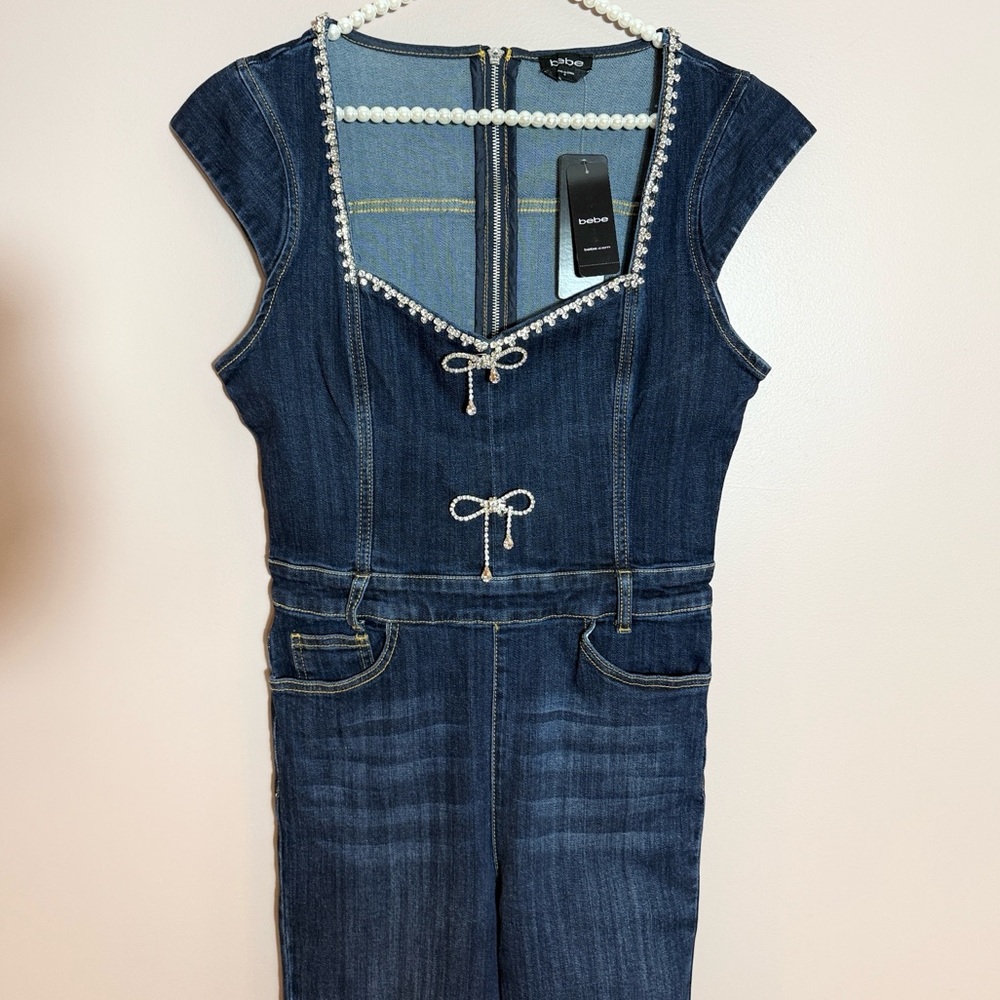 Bebe Flare Leg Denim Jumpsuit - Picture 3 of 6